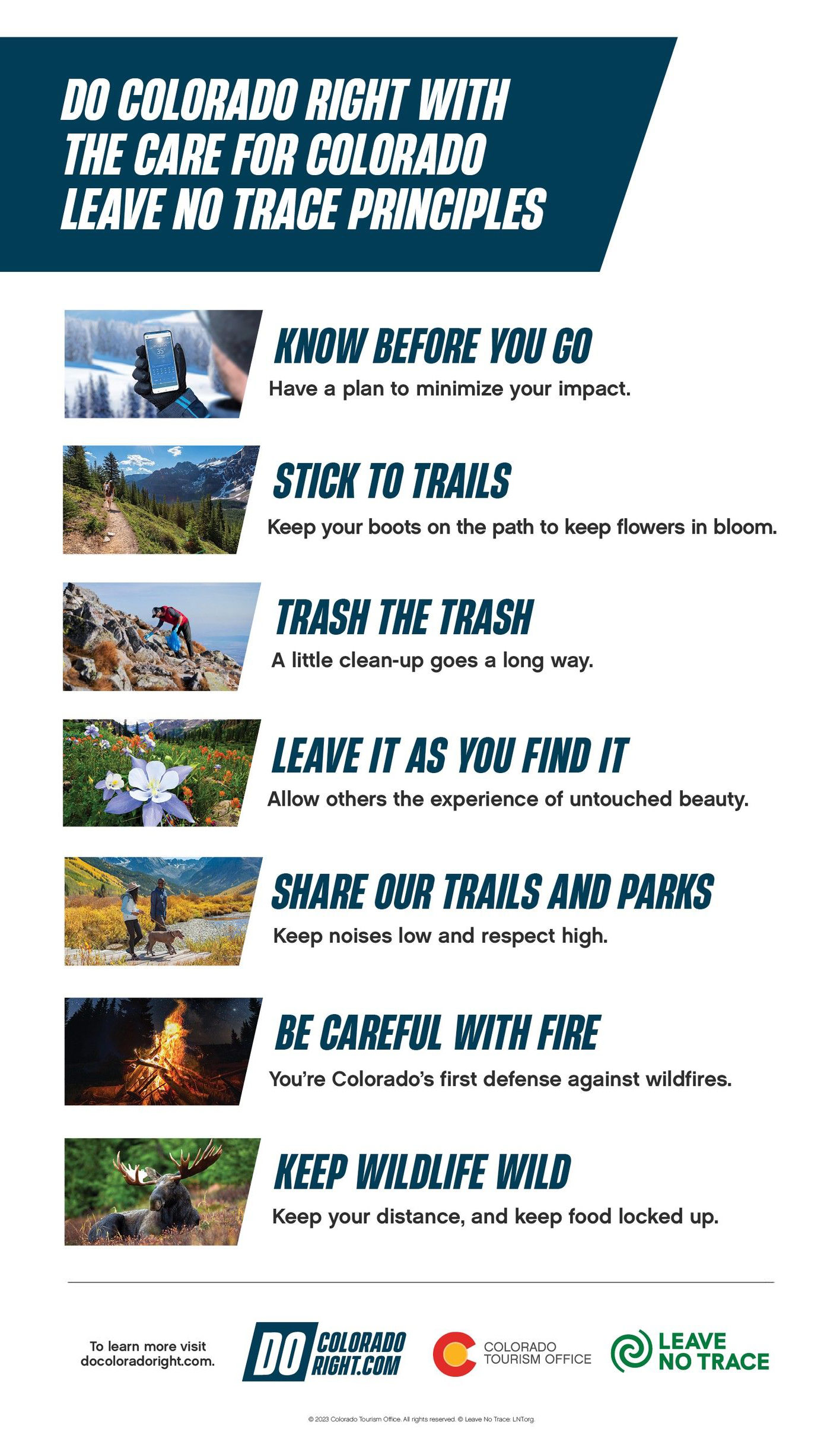 Banner image demonstrating the Care For Colorado Leave No Trace principles