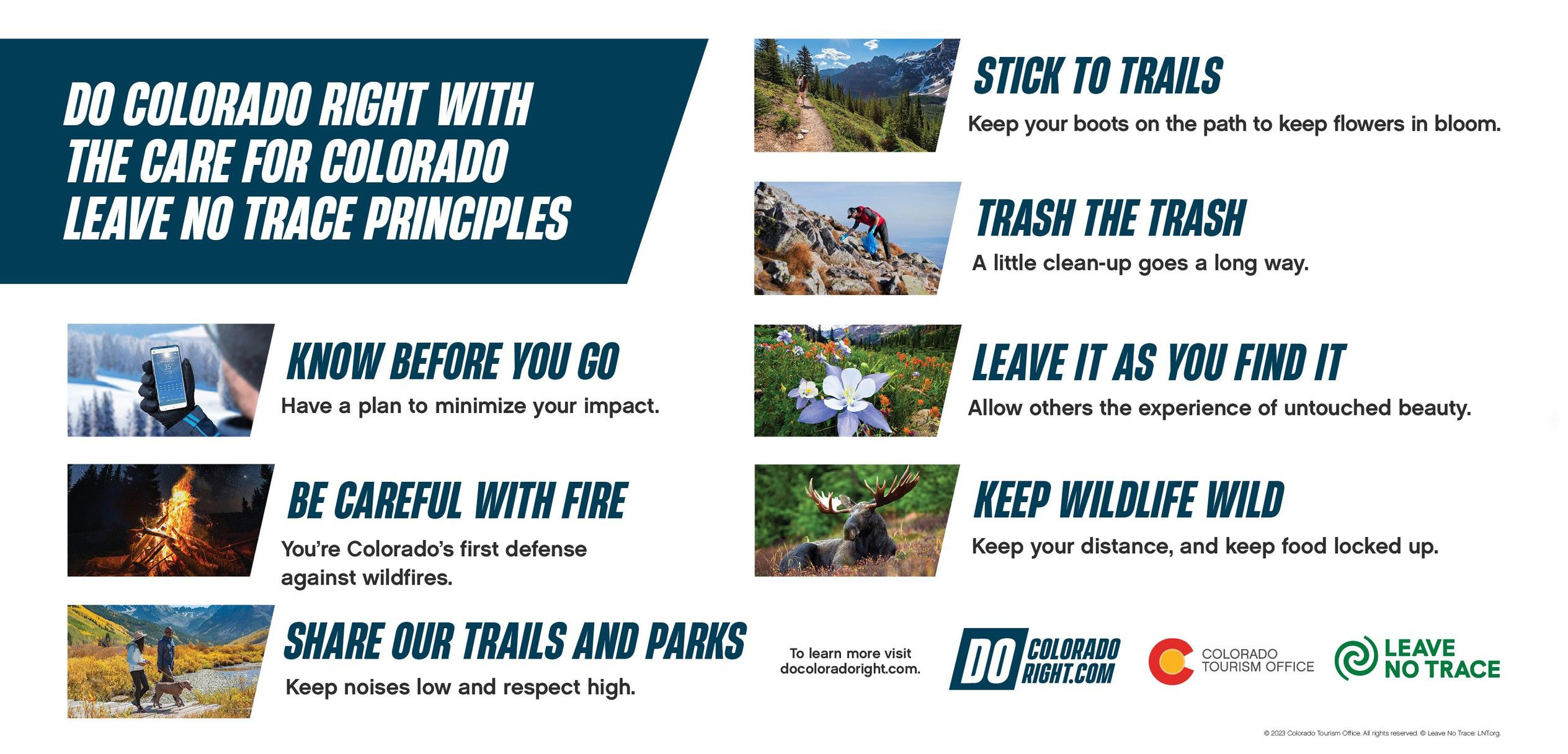 Banner image demonstrating the Care For Colorado Leave No Trace principles